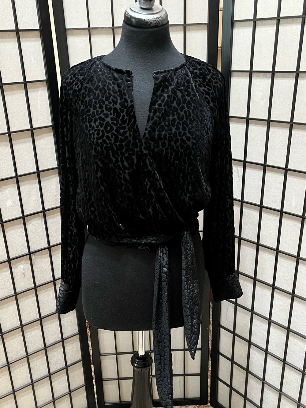 Black BURNOUT Velvet Leopard Wrap Blouse - Women Tops BY DO + BE SIZE S